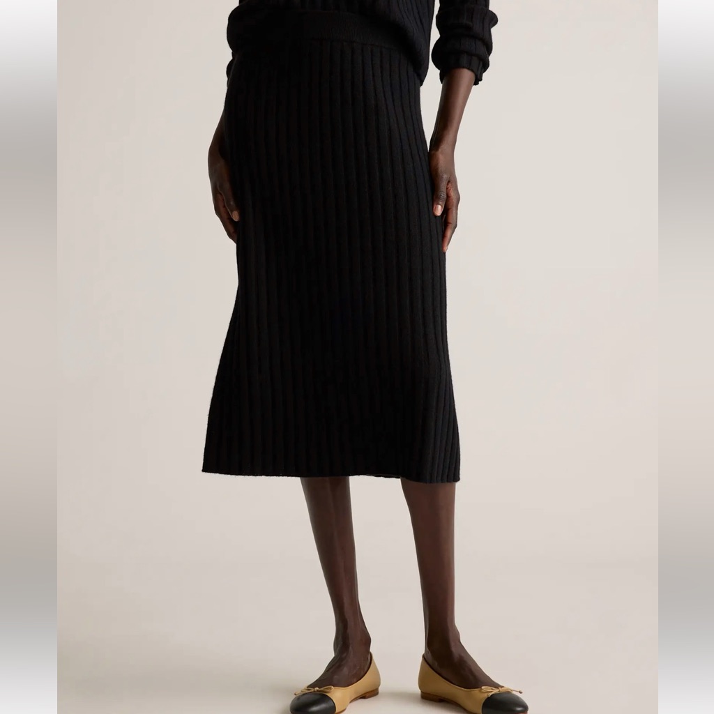Quince Mongolian Cashmere Midi Skirt Black Ribbed Knit Quiet Luxury 2024-Medium